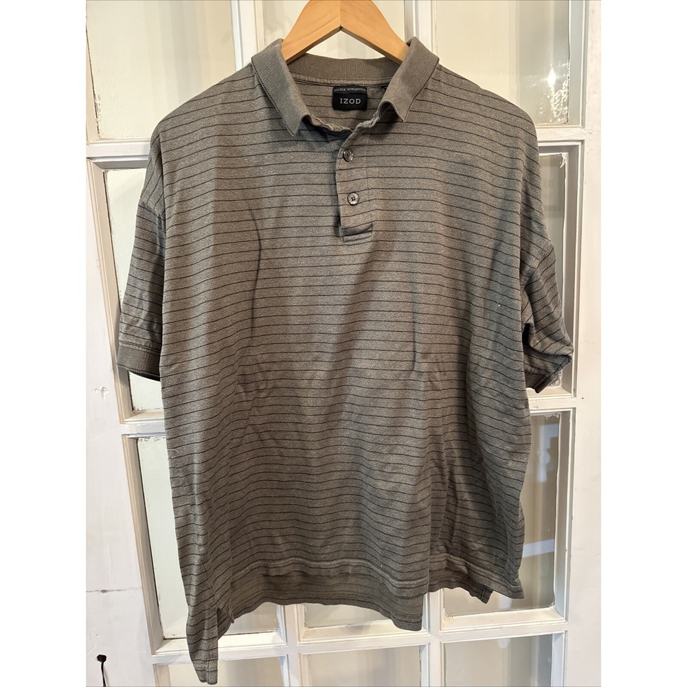 Izod Men's Polo Shirt Size L Gray Striped Short Sleeve Double Mercerized Cotton
